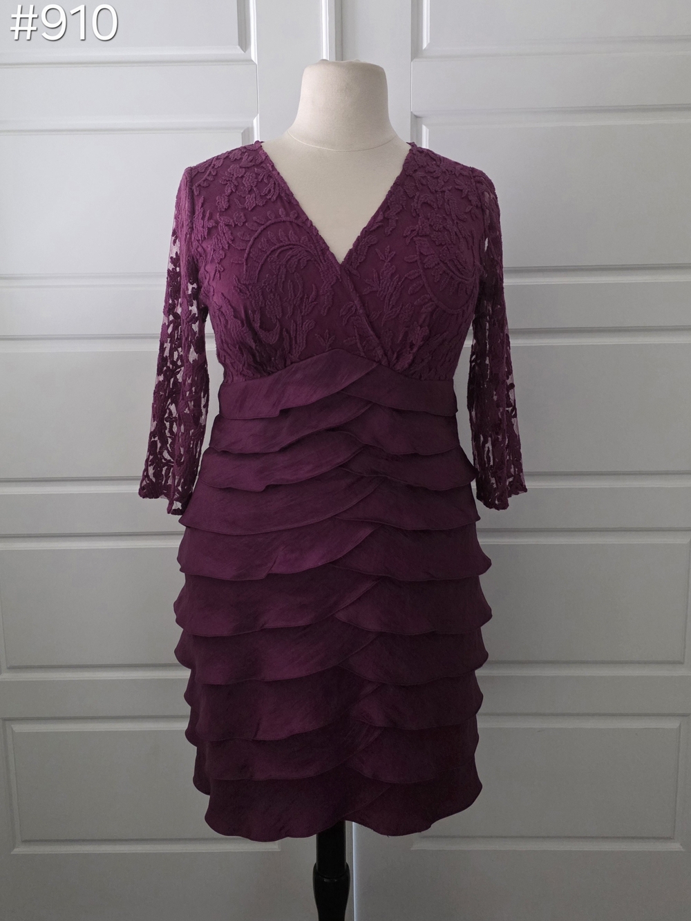Adrianna Papell Plum Lace V-Neck Tiered Ruffle Dress